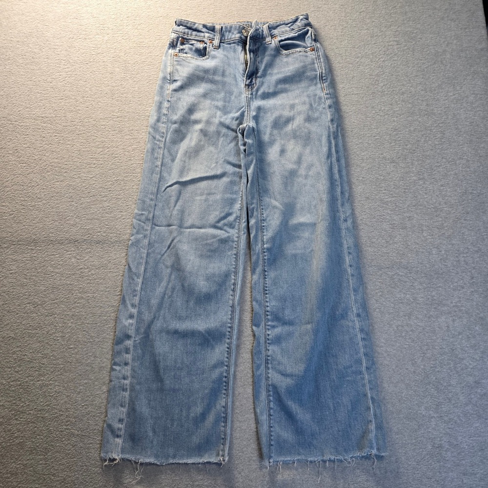 American Eagle Baggy Wide Leg Jeans Womens 2 Super High Rise Light Wash Blue